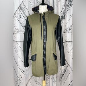 Monrow Army Green Jacket w/ Faux Leather Sleeves Hood L (Runs Small)